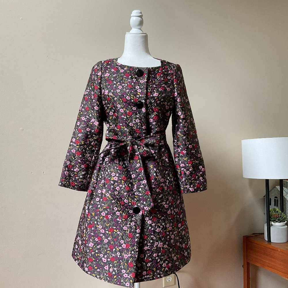 Kate Spade Black Boho Floral Jacquard Trench Coat Sz 2 NWT